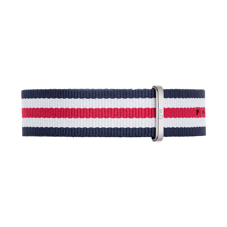 NATO style watch strap in navy, white, and red stripes with a polished silver buckle, made from durable polyester for a comfortable and flexible fit.