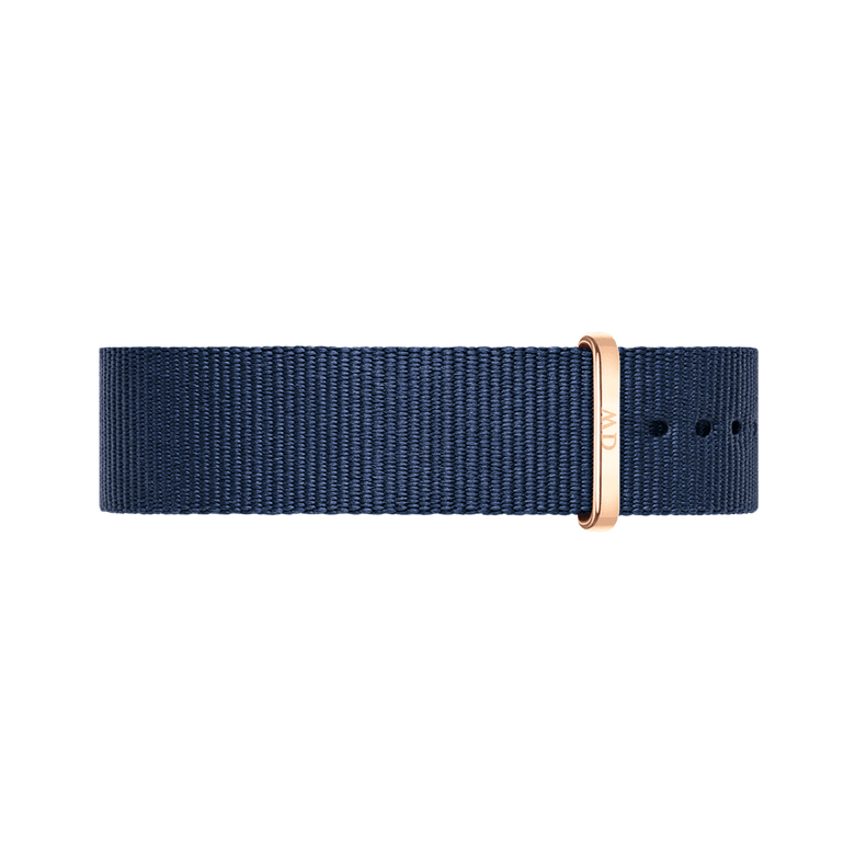 Bayswater Strap Rose Gold NATO watch strap in deep midnight blue polyester with a rose gold buckle, shown flat to highlight its refined texture and adjustable design.