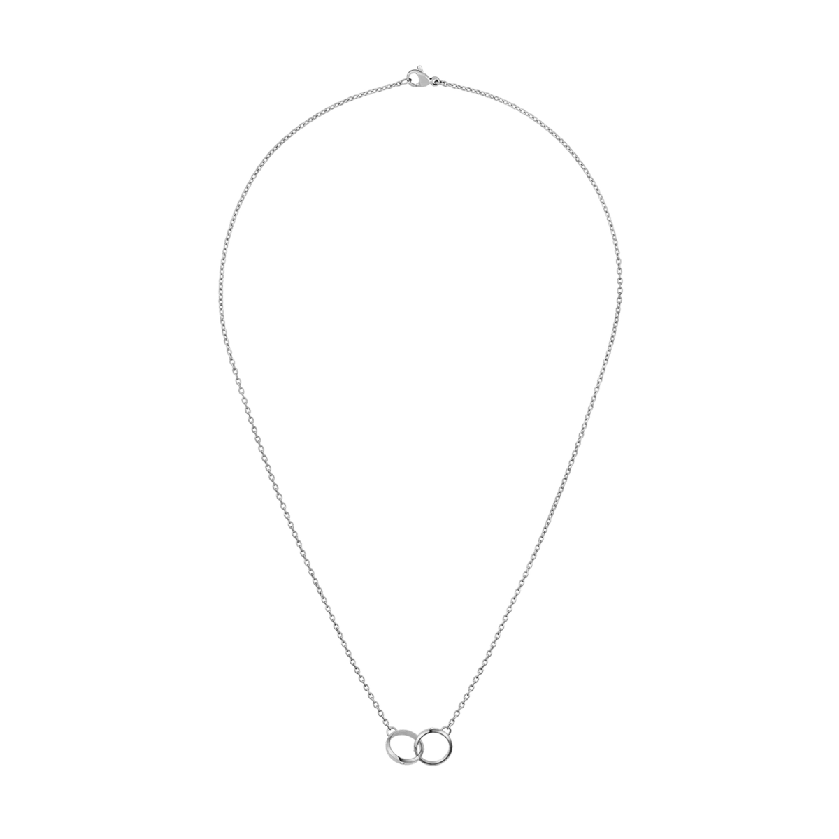 Classic Lumine Unity Silver necklace with a fine adjustable silver chain and two interlocking rings as a minimalist pendant, designed for versatile everyday or special occasion wear.