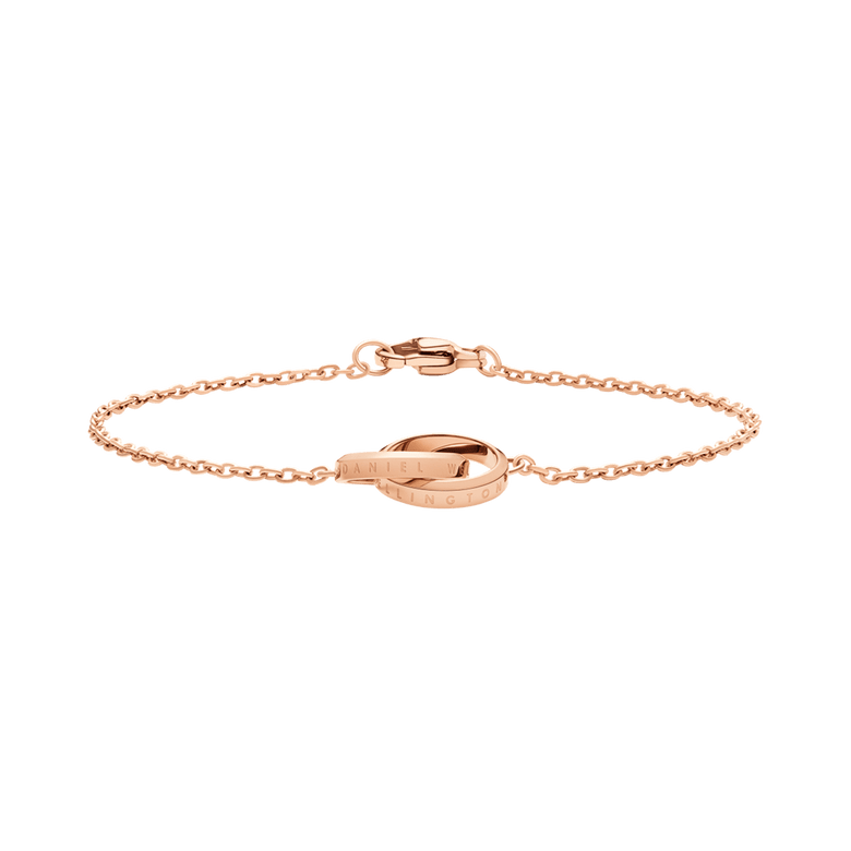 Rose gold Elan Unity Bracelet featuring two interlocking rings on a slim chain, crafted from stainless steel with a polished finish and secure clasp.