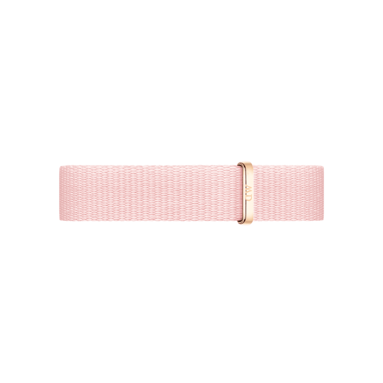 Slim pastel pink NATO style watch strap made from recycled polyester, featuring a rose gold buckle for a modern, refined look suitable for petite watches and smaller wrists.