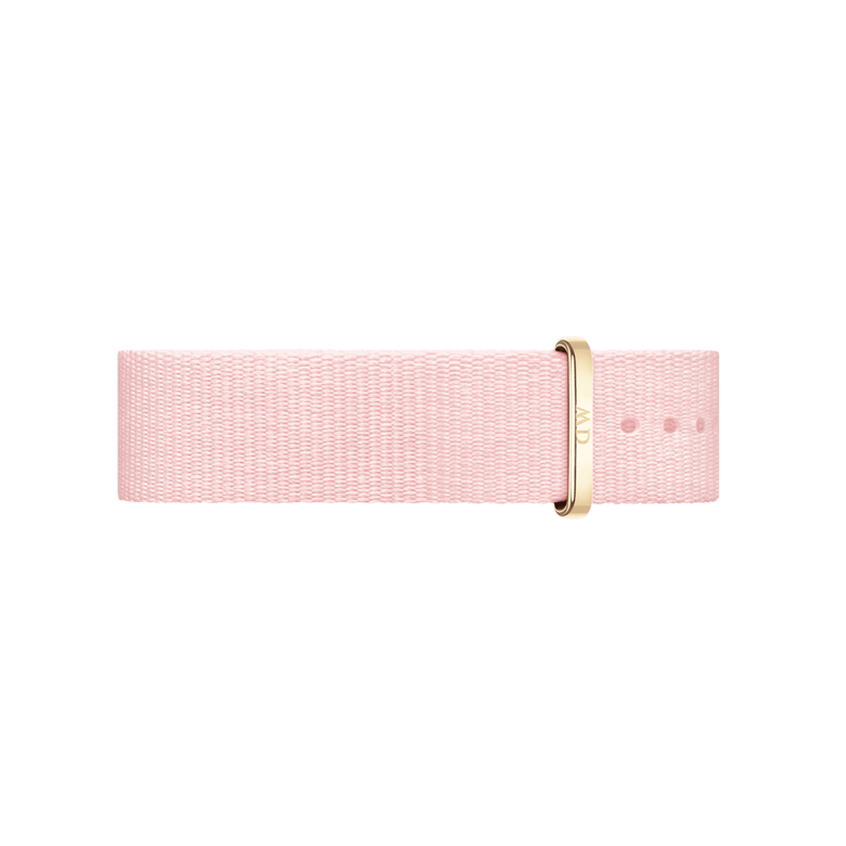 Soft pastel pink NATO style watch strap made from recycled polyester, featuring a gold buckle and minimalist design suitable for Daniel Wellington watches.