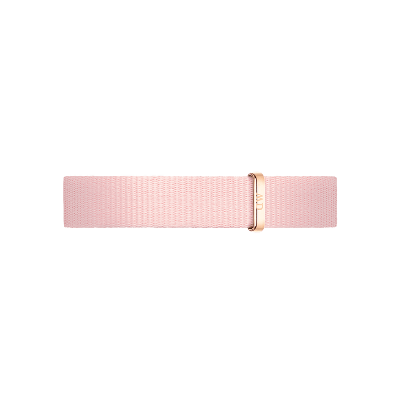 Coral Strap Rose Gold features a slim, pastel pink NATO style design with a rose gold buckle, crafted from recycled polyester for a lightweight and comfortable fit on petite watches.