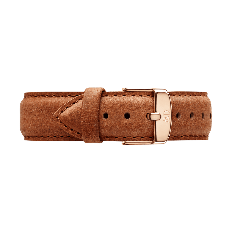 Light brown genuine leather watch strap with a smooth, vintage-inspired finish and a rose gold buckle, featuring detailed stitching and multiple adjustment holes for a comfortable fit.