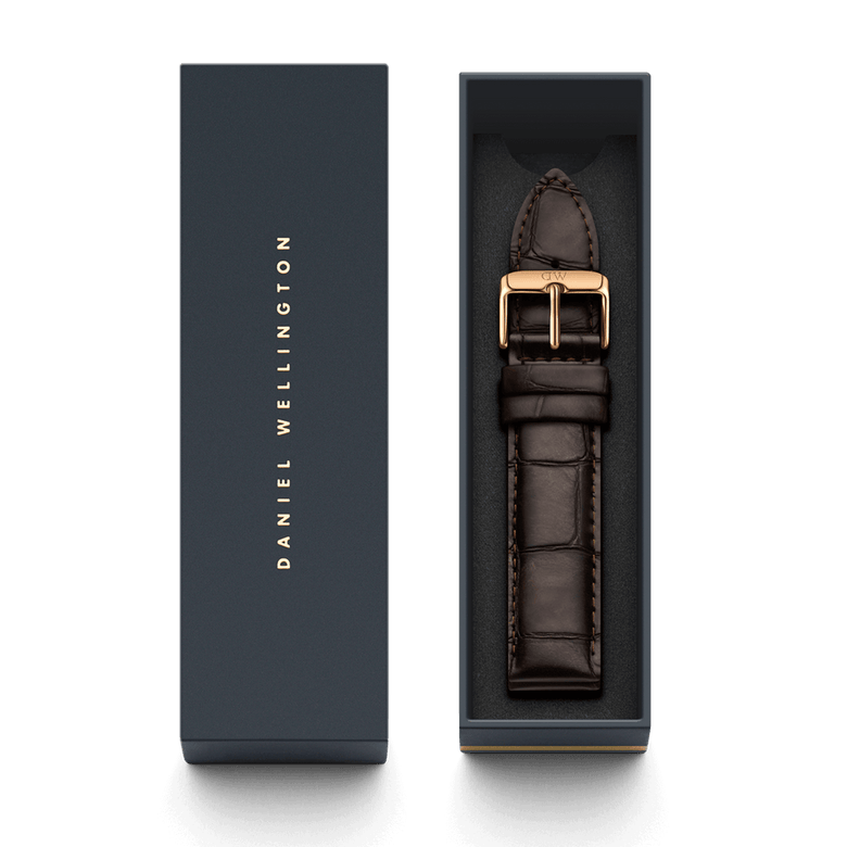 York Strap Rose Gold presented in a Daniel Wellington gift box, featuring a dark brown croc embossed genuine leather strap with a rose gold buckle for a premium watch upgrade.