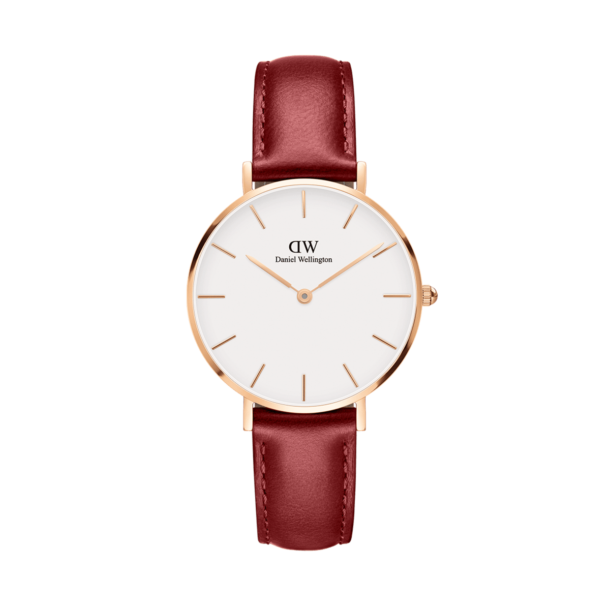 Petite Suffolk Rose Gold ladies watch featuring a slim rose gold case, minimalist white dial, and a rustic red genuine leather strap, ideal for both everyday and special occasions.