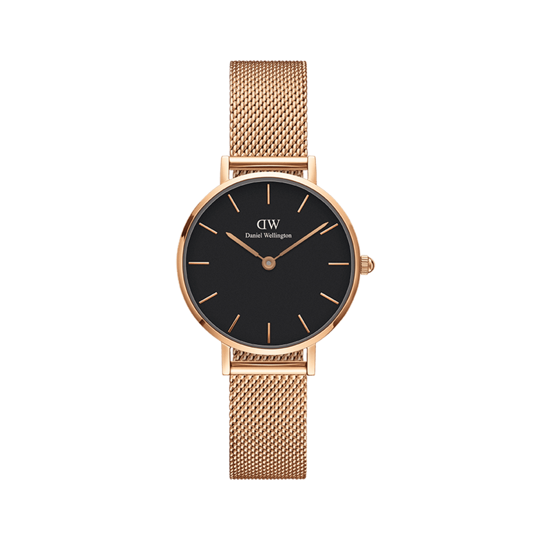 Petite Melrose Black Rose Gold watch with a black minimalist dial, slim rose gold hour markers, and a polished rose gold mesh strap, offering a refined and versatile look for women.