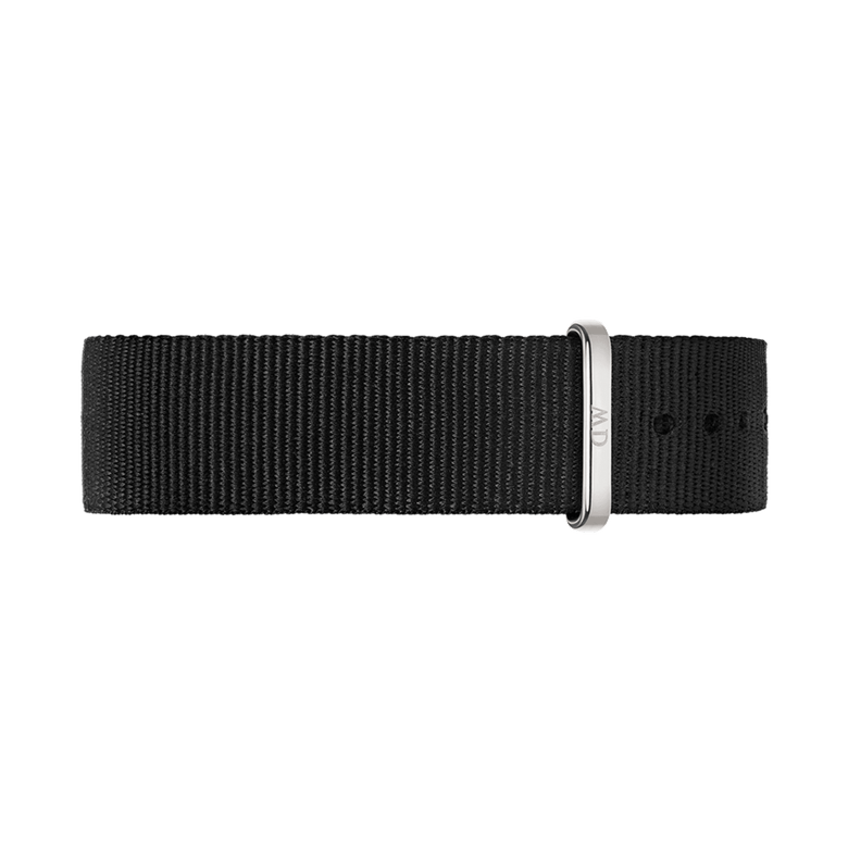 Black NATO style watch strap made from durable polyester fabric, featuring a minimalist design with gold hardware and an adjustable buckle for a secure, comfortable fit.