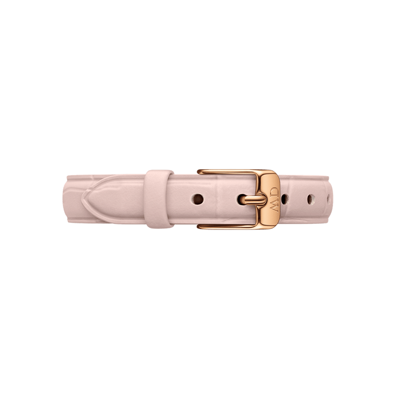 Pressed Rouge Strap Rose Gold 10mm leather watch strap in soft pink with a pressed croc pattern and a rose gold buckle, shown from the front to highlight its elegant design and slim profile.