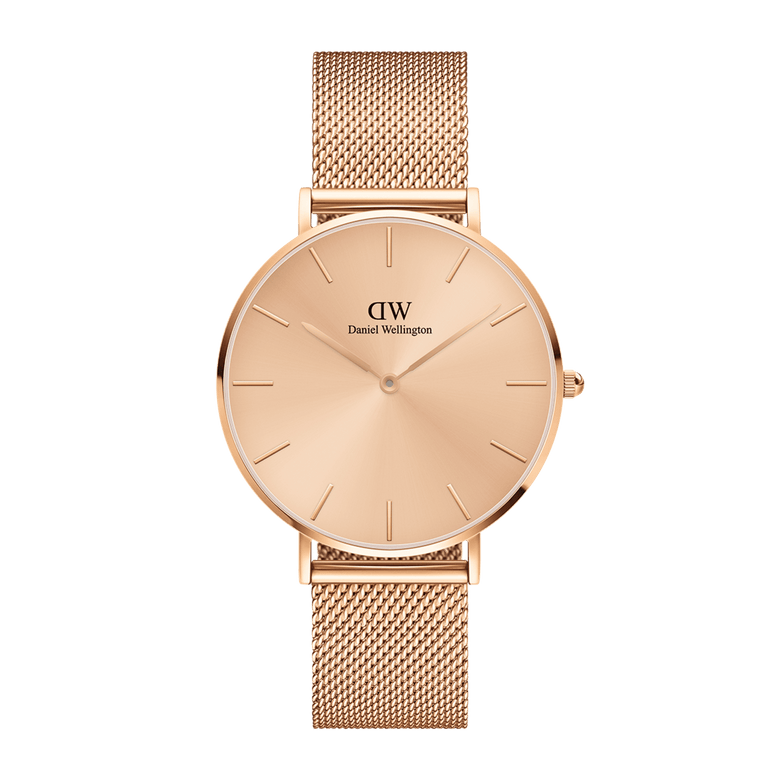 Petite Unitone Rose Gold watch with a sleek rose gold mesh strap, minimalist round dial, and slim case, ideal for pairing with both formal and casual outfits.