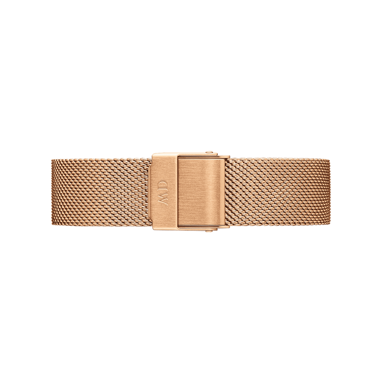 Rose gold mesh watch strap with a fine woven pattern, featuring a matching fold-over clasp for a seamless and modern finish.