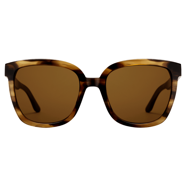 Grande Bio-Acetate Brown Demi sunglasses with an oversized square frame in a brown demi pattern and amber lenses, offering a stylish and comfortable fit for women.