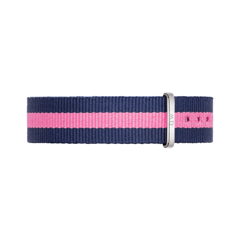 Navy blue and pink striped 18mm NATO style watch strap with a polished silver buckle, made from durable polyester fabric.