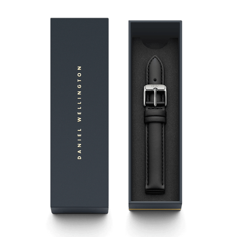 Sheffield Strap Silver black leather watch strap with a polished silver buckle, neatly presented in a Daniel Wellington gift box.