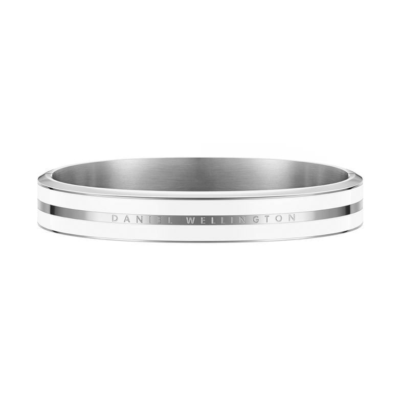 Polished silver bangle with satin white enamel detailing, featuring the Daniel Wellington logo engraved on the front, designed for a minimalist and refined look suitable for both men and women.