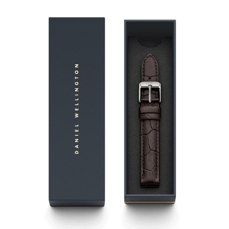 York Strap Silver brown crocodile-embossed leather watch strap with polished silver buckle, presented in a sleek Daniel Wellington gift box for a refined and stylish upgrade.