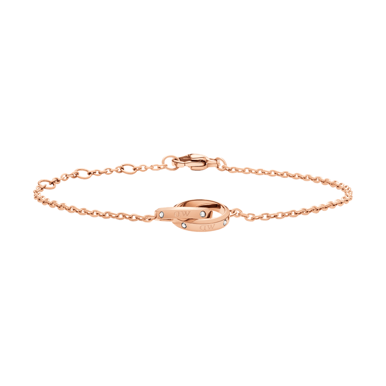 Rose gold Classic Unity Lumine bracelet featuring a slim adjustable chain, intertwined rings, and sparkling crystals, crafted from stainless steel and designed for everyday elegance.