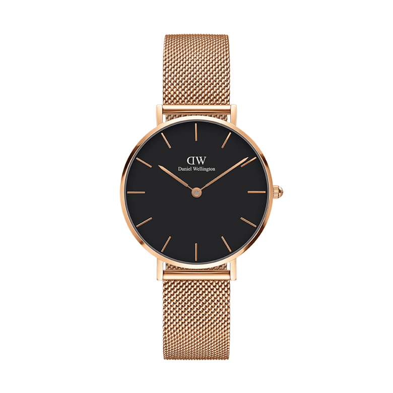 Petite Melrose Black Rose Gold watch featuring a minimalist black dial, rose gold mesh strap, and slim rose gold case, designed for women seeking a classic yet modern accessory.