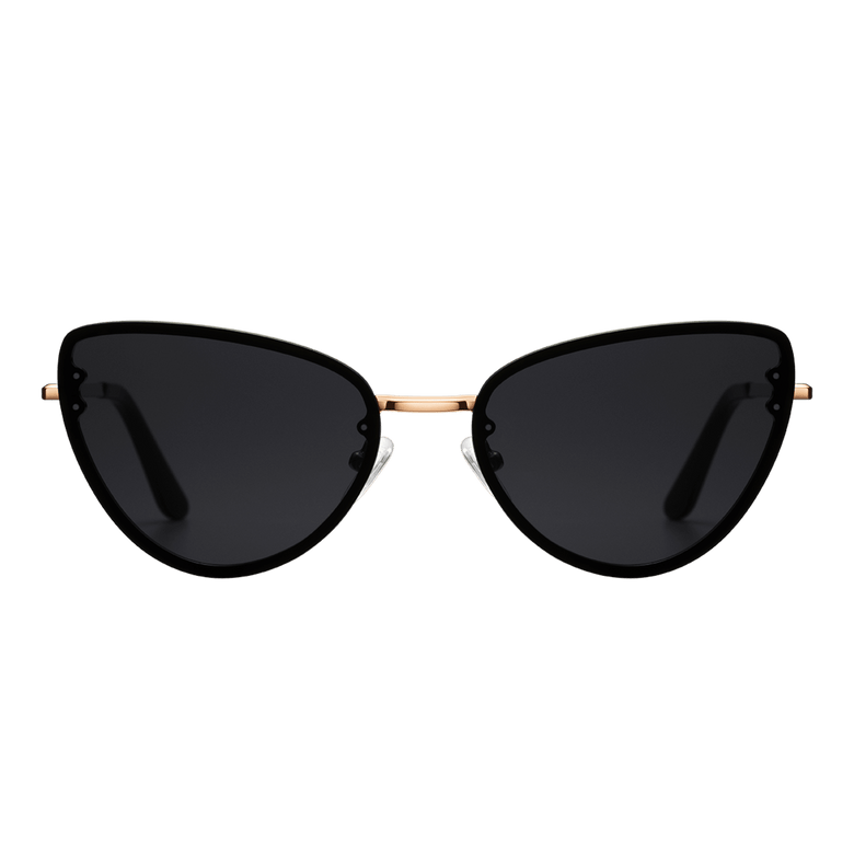 Lynx Steel Black cat eye sunglasses with dark nylon lenses, rose gold plated stainless steel frame, and sleek temples, designed for women seeking stylish UV400 protection.