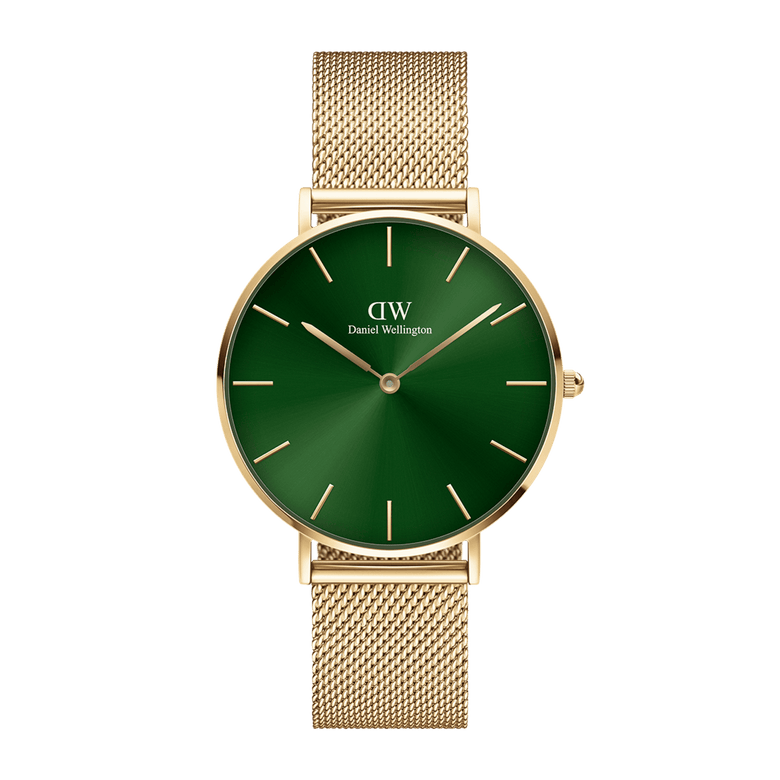 Petite Emerald women’s watch with a gold mesh strap, emerald green sunray dial, and minimalist gold markers, offering a sleek and versatile accessory for everyday wear.