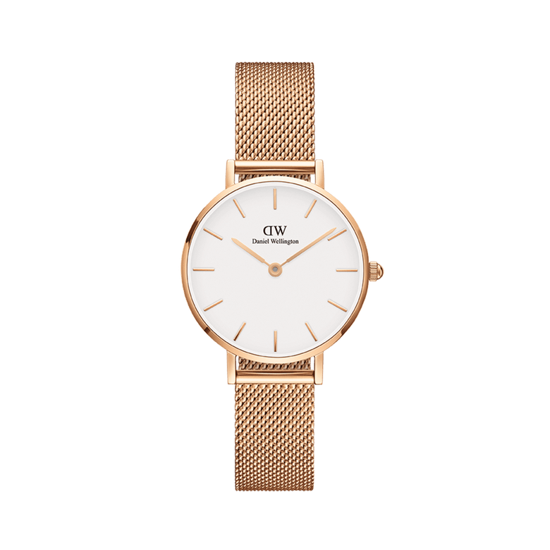 Petite Melrose Rose Gold women’s watch with a clean white dial, rose gold hour markers and hands, and a slim rose gold mesh strap for a modern, elegant look.