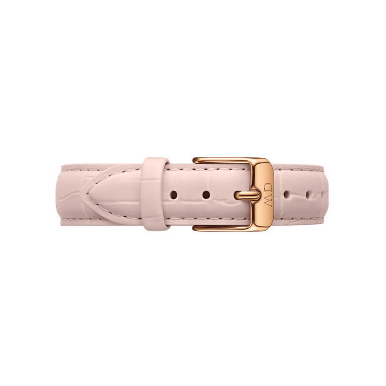 Soft pink leather watch strap with a pressed crocodile pattern and a rose gold buckle, designed for a comfortable and stylish fit.