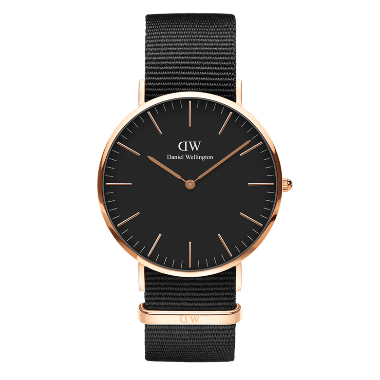 Classic Cornwall Black Rose Gold watch featuring a minimalist black dial, slim rose gold stainless steel case, and an adjustable black NATO style polyester strap.