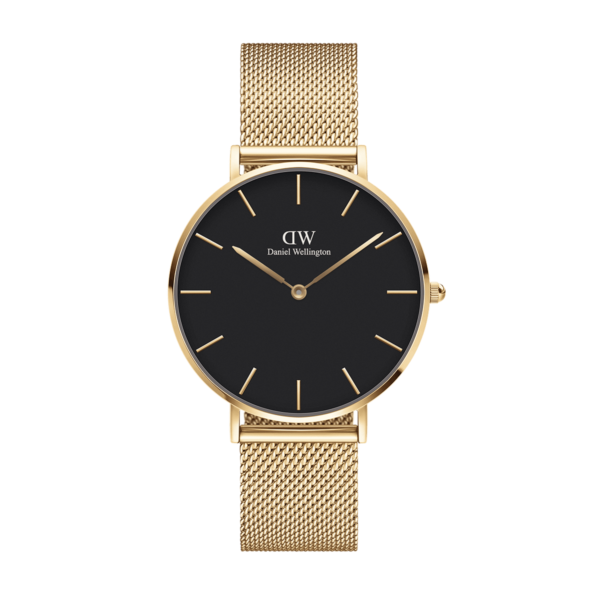 Petite Evergold Black gold watch with a black dial, slim gold hour markers, and an adjustable gold mesh strap, offering a modern yet classic look for women.