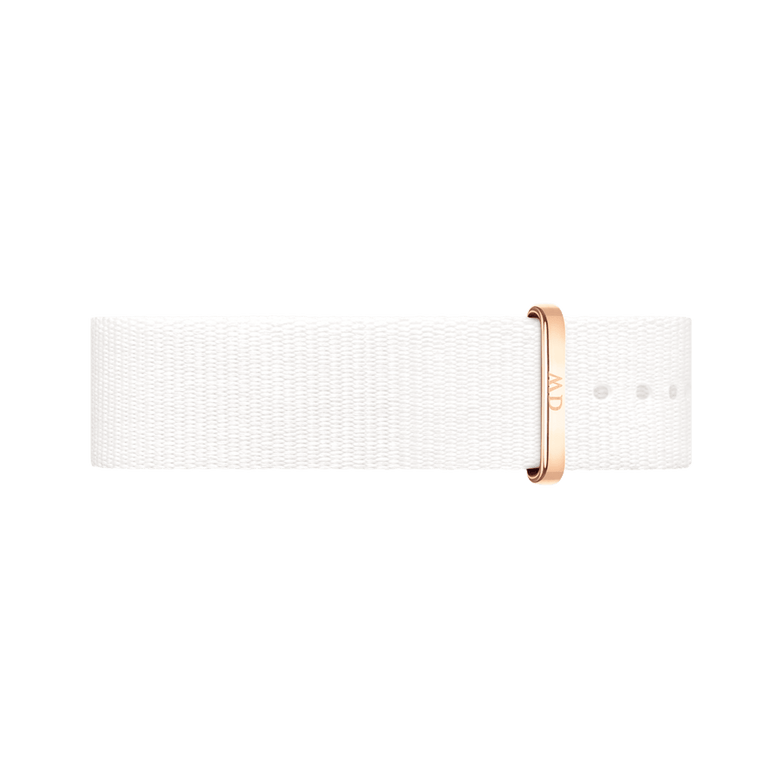 White NATO style watch strap in durable polyester with a rose gold buckle, featuring a minimalist design and adjustable holes for a modern, versatile look.