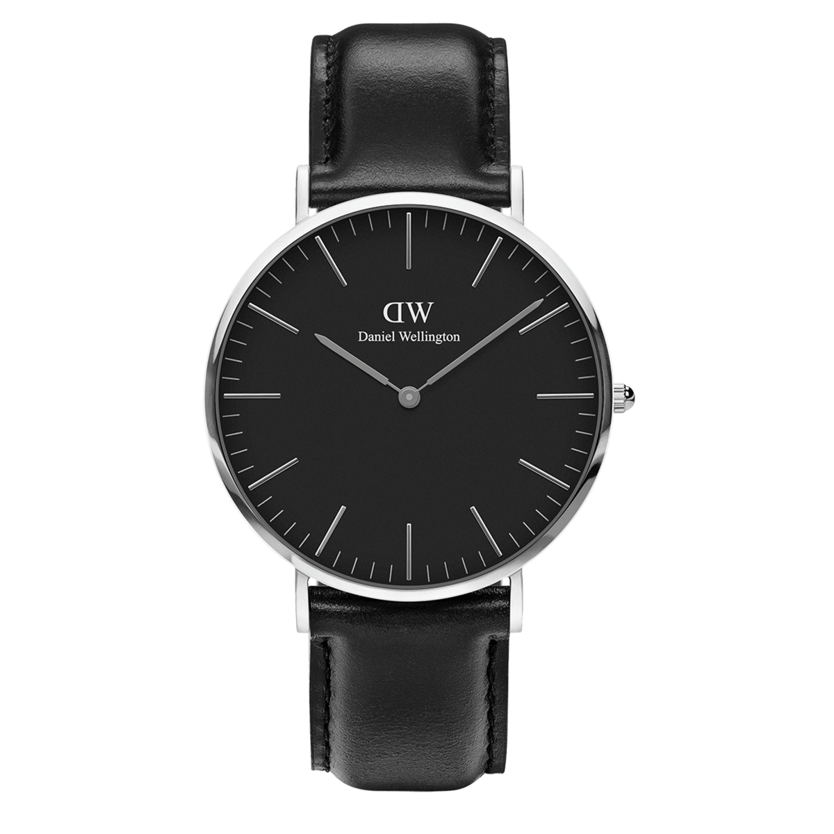 Classic Sheffield Black Silver watch with a black dial, slim silver markers, and a genuine black leather strap, featuring a polished silver case and minimalist design suitable for both formal and casual wear.