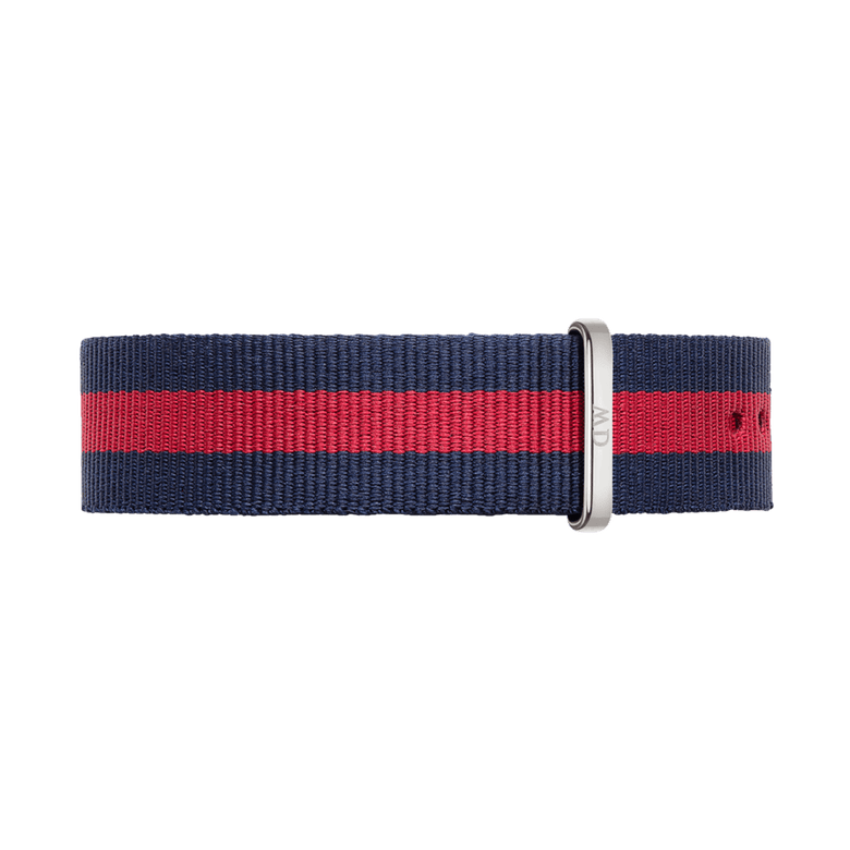Navy blue and red striped NATO style watch strap made from durable polyester, featuring a polished silver buckle and adjustable holes for a secure fit.