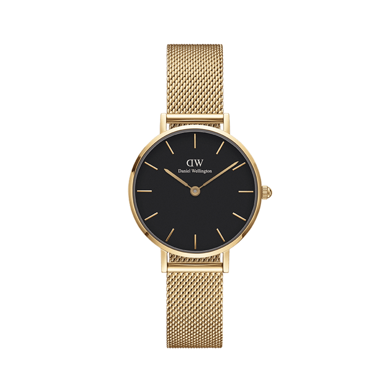 Petite Evergold Black gold mesh strap watch with a minimalist black dial and slim gold hour markers, designed for women seeking a modern, elegant accessory suitable for daily wear.