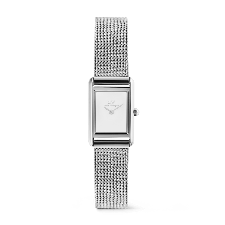 Bound Mini Sterling ladies watch featuring a petite rectangular silver-tone case, minimalist white dial, and slim adjustable mesh strap, ideal for everyday wear and pairing with other jewellery.