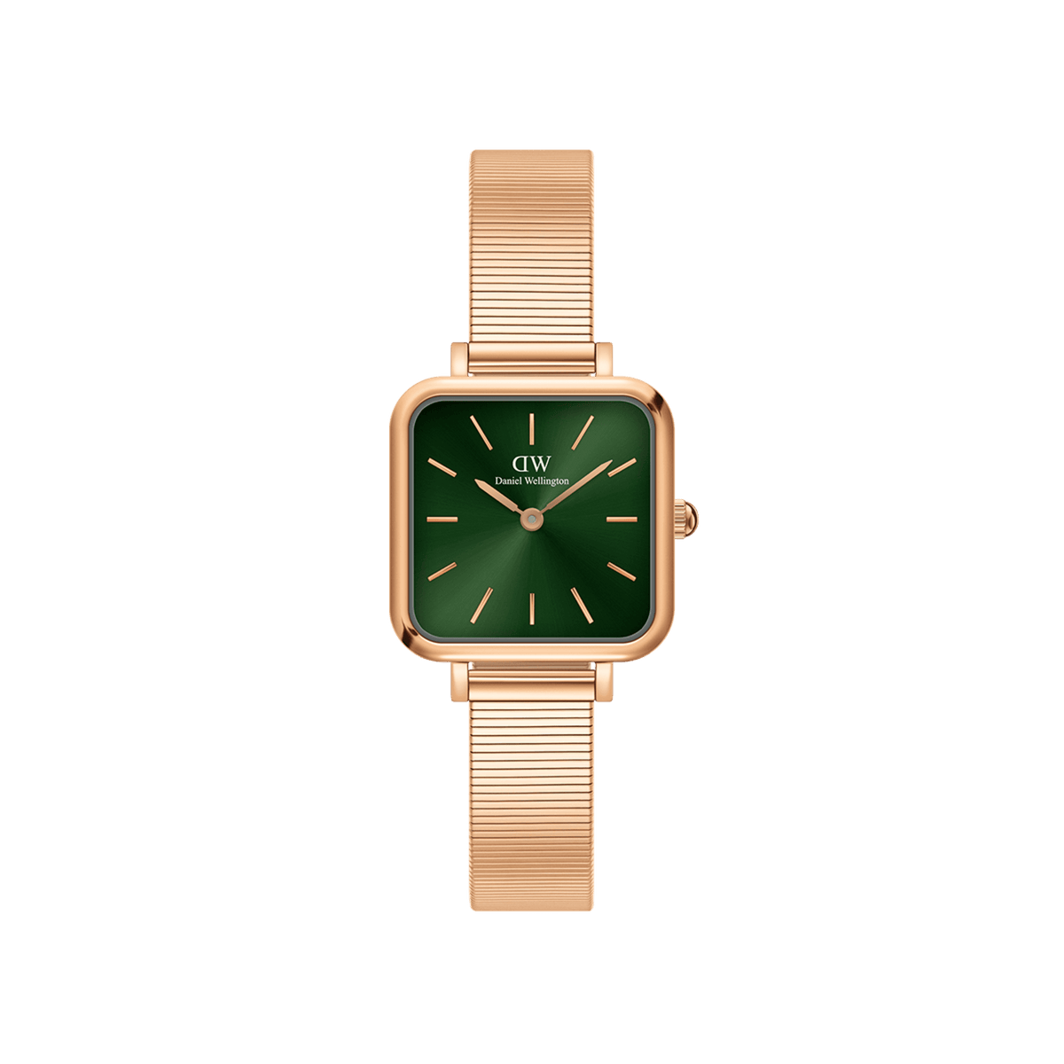 Quadro Studio Green Rose Gold ladies watch featuring a square rose gold case, emerald green dial, minimalist hour markers, and a refined piano link mesh strap.