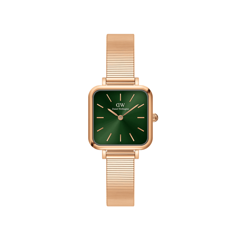 Quadro Studio Green Rose Gold ladies watch featuring a square rose gold case, emerald green dial, minimalist hour markers, and a refined piano link mesh strap.