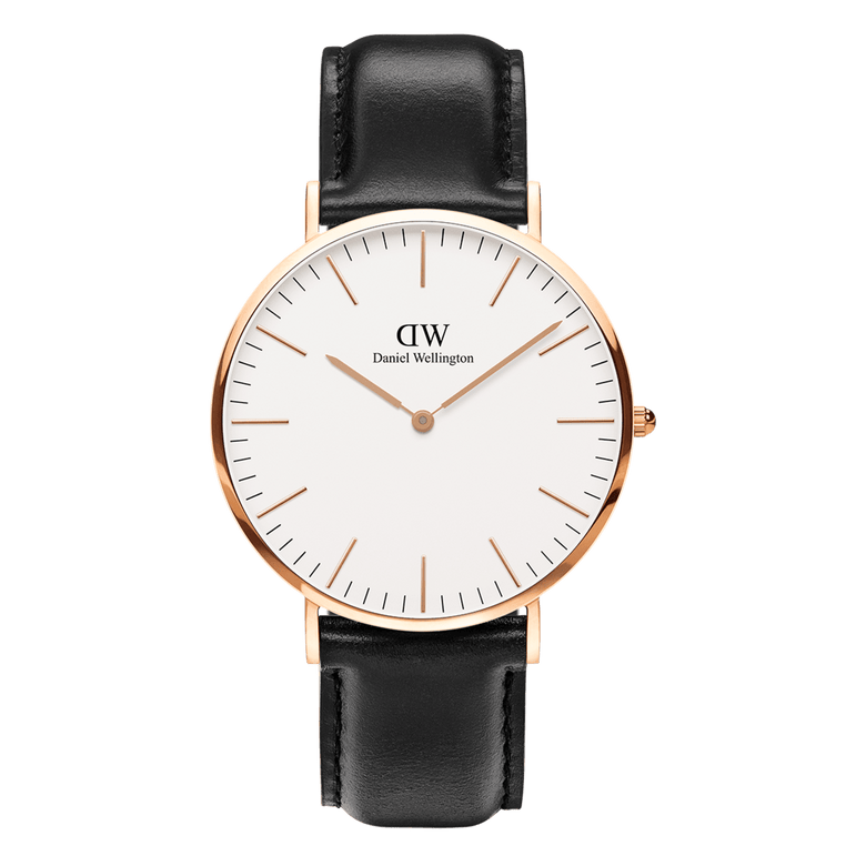 Classic Sheffield Rose Gold watch with a round eggshell white dial, slim rose gold markers and hands, and a smooth black leather strap for a timeless, versatile look.