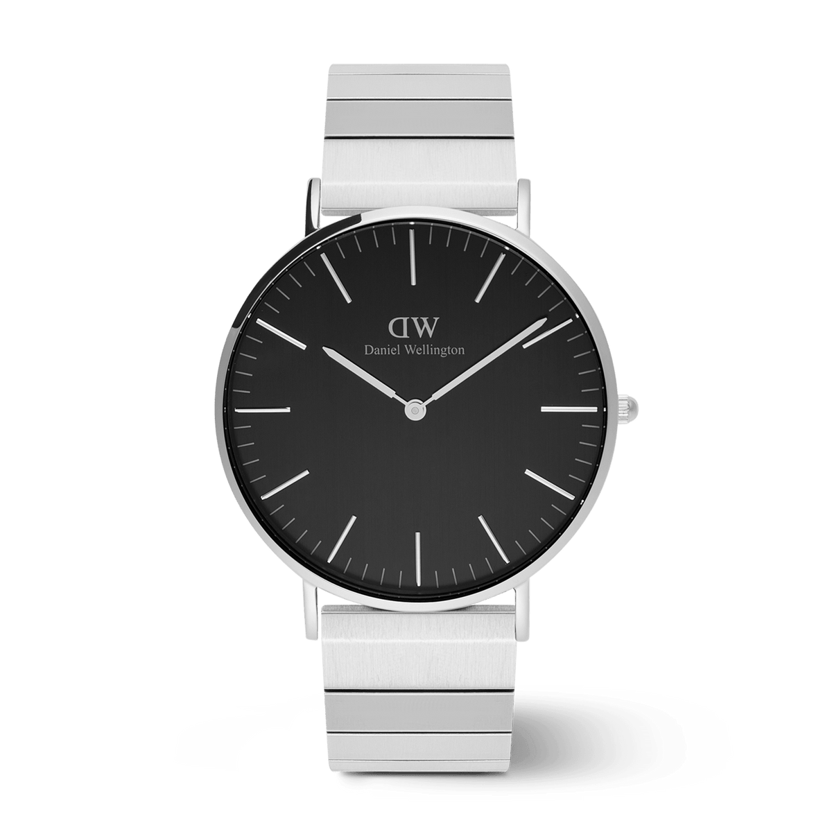 Classic Piano Link Onyx Silver men’s watch with a 40mm brushed black dial, minimalist silver hour markers, and a geometric silver stainless steel piano link strap.