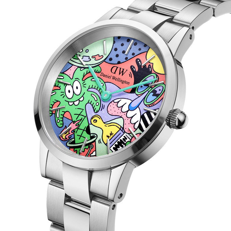 Daniel Wellington Iconic Link Multicolor Silver watch featuring Steven Harrington’s vibrant illustrated dial, polished stainless steel case and bracelet, shown in a close-up angle to highlight the playful artistic details.