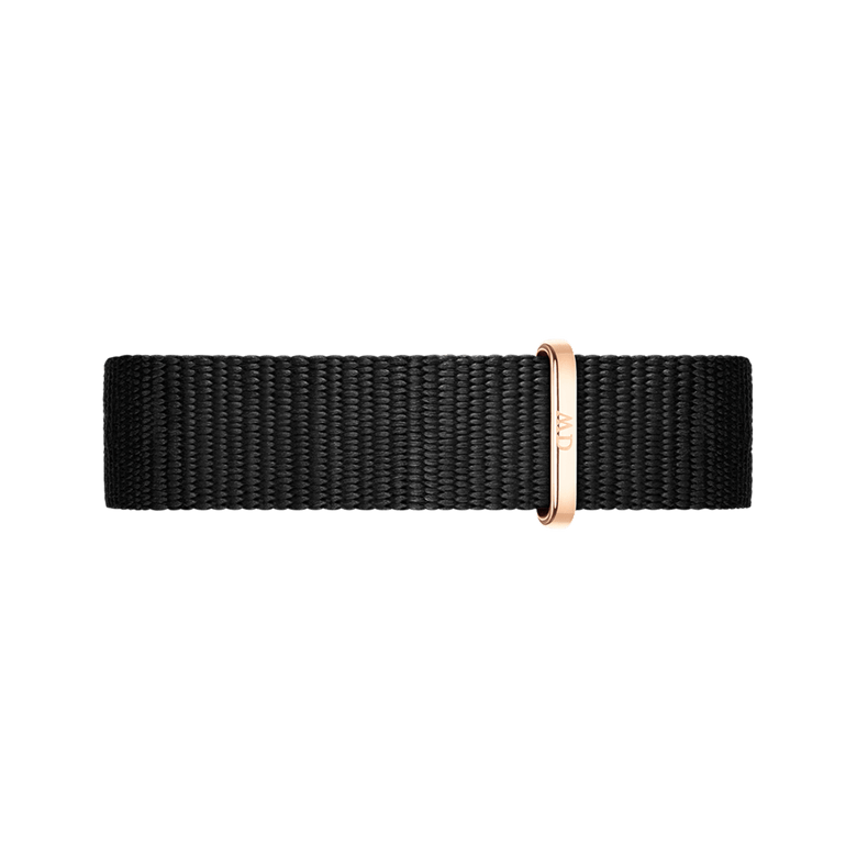 Cornwall Strap Rose Gold showcases a black woven NATO-style watch strap with a polished rose gold buckle, designed for a modern and understated look.
