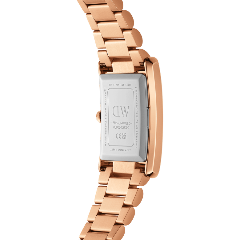 Back view of the Bound 3-Link Rose Gold watch showing the stainless steel case, engraved details, and polished rose gold 3-link bracelet, highlighting its durable construction and quality finish.