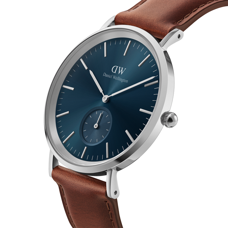 Classic Multi-Eye St Mawes Arctic Silver men's watch featuring a round silver case, deep blue dial with minimalist markers, multi-eye chronograph, and a brown genuine leather strap.