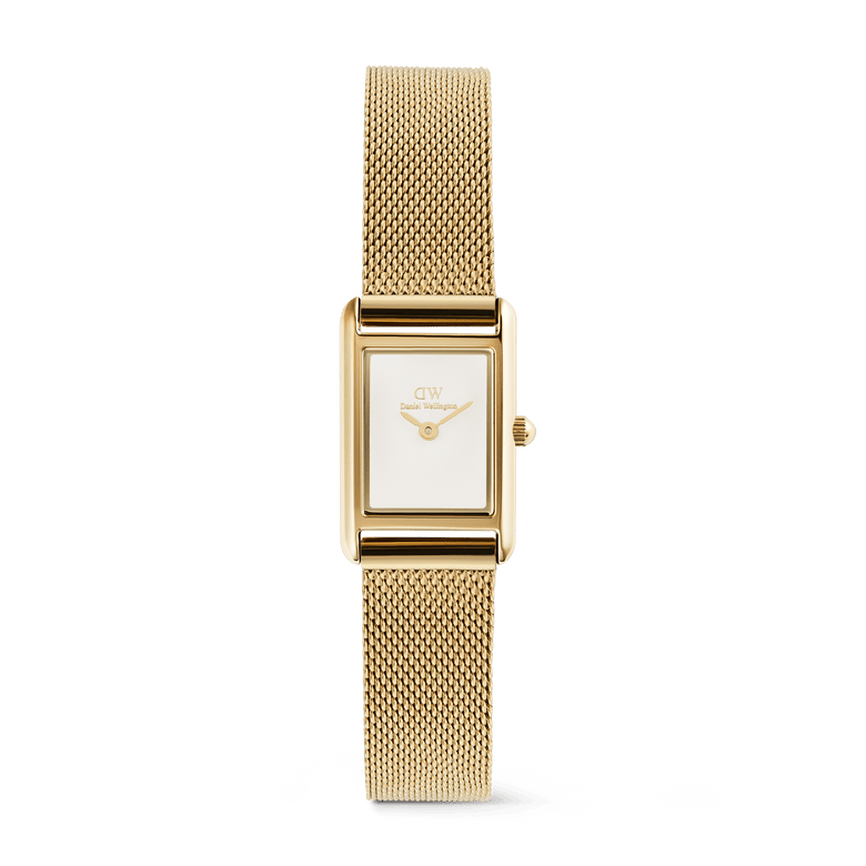 Petite rectangular gold watch with a white minimalist dial, polished gold case, and a slim gold mesh strap, designed for a refined and versatile look suitable for both formal and casual wear.