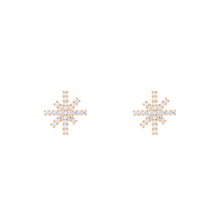 A pair of Mirelle Star Earring Rose Gold studs featuring a starburst design with white cubic zirconia crystals set in rose gold, displayed on a plain background.