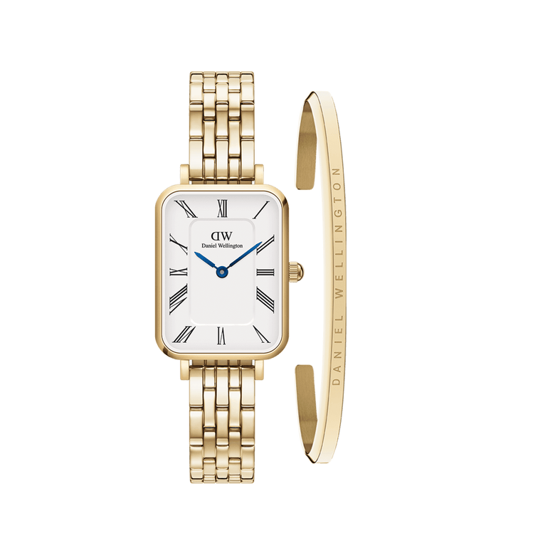Rectangular gold watch with a five-link strap, white dial featuring roman numerals and blue hands, paired with a slim gold bracelet engraved with the Daniel Wellington name.