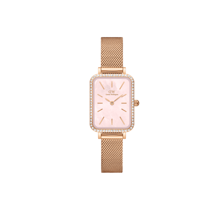 Rose gold Quadro Lumine Bezel Melrose Pink MOP watch for women featuring a rectangular case, pink mother of pearl dial, gemstone bezel, and a slim mesh strap.