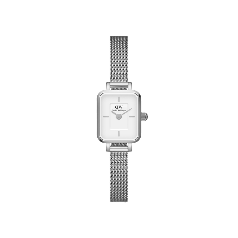 Quadro Mini Sterling ladies watch featuring a petite rectangular silver case, classic white dial, and slim silver mesh strap, designed for comfort and minimalist style.