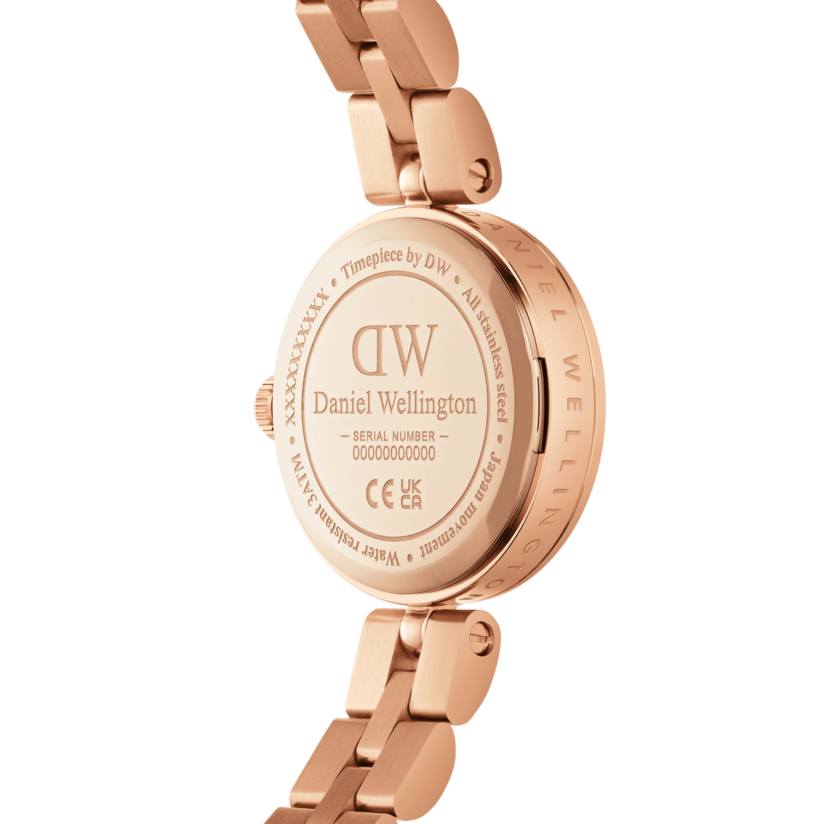 Back view of the Elan Lumine Rose Gold ladies watch showing the engraved case, rose gold stainless steel finish, and three-link bracelet detail.