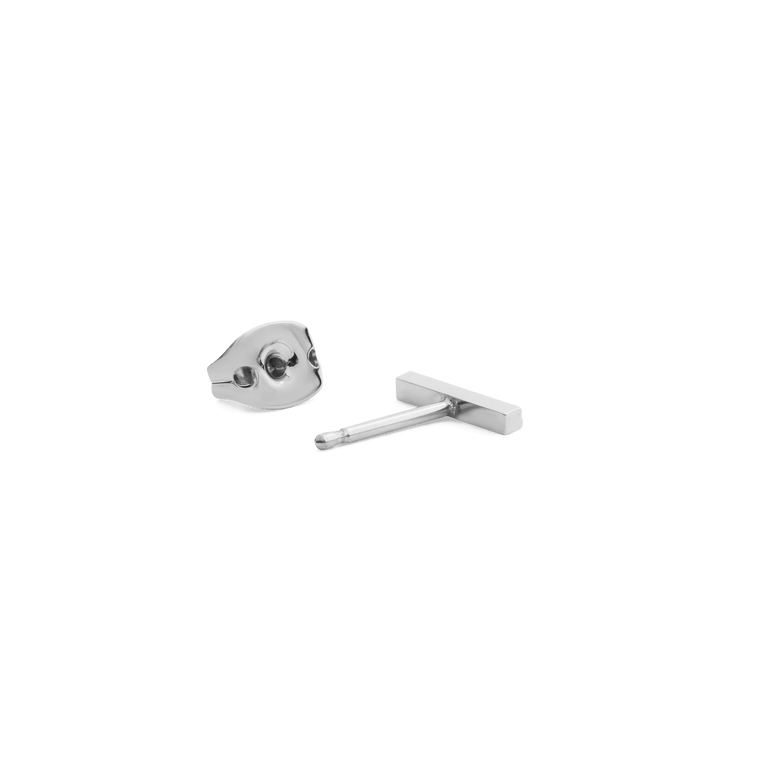 Crystal Bar Stud Silver earring shown with its butterfly back, highlighting the slim silver bar and secure fastening designed for comfortable everyday wear.