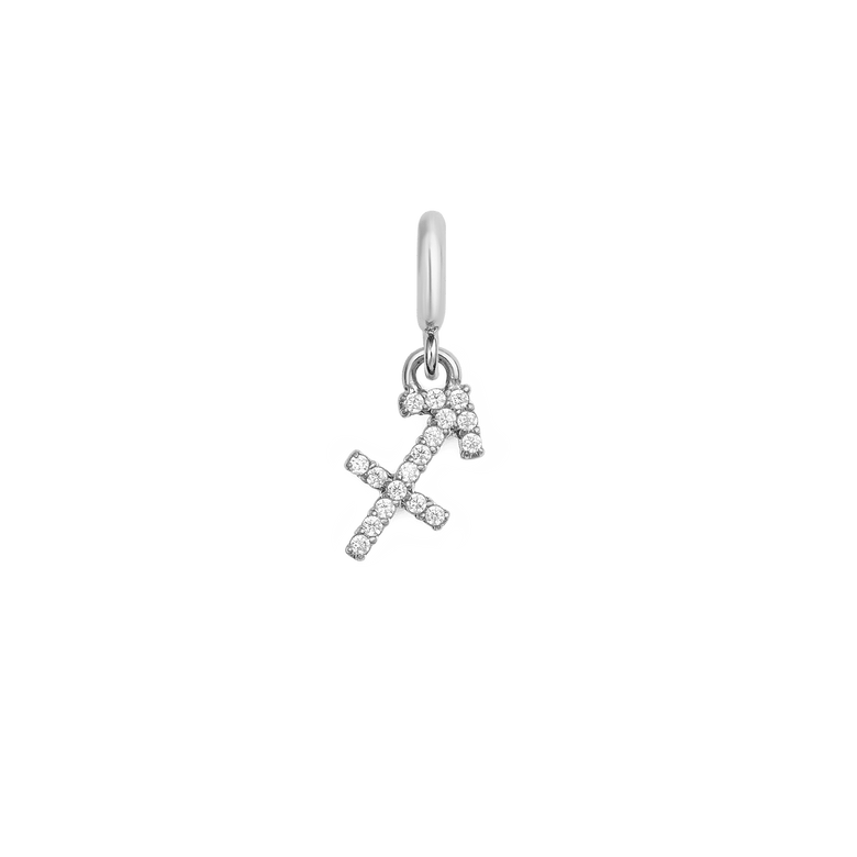Sagittarius zodiac watch charm in silver, featuring a sparkling astrological symbol with cubic zirconia crystals and a claw setting, designed for Daniel Wellington watches or bracelets.