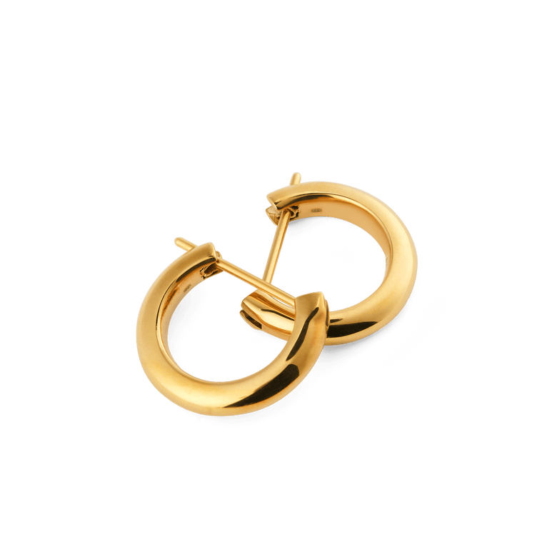 Arch Earring Gold 9mm pair featuring softly rounded curves, high-shine gold finish, and secure pin closures, highlighting their minimalist and timeless hoop design.